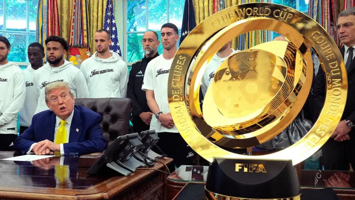 Club World Cup Trophy in Oval Office | Trump and Infantino Trump keeps Club World Cup Trophy in Oval Office after Chelsea win