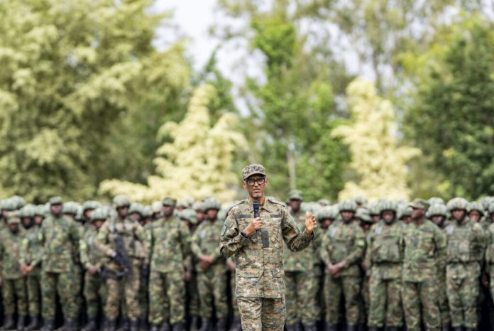 President Kagame addressing soldiers at Gabiro military graduation.