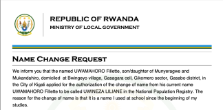 Rwanda Name Change Approval | UWAMAHORO Fillette to UWINEZA LILIANE