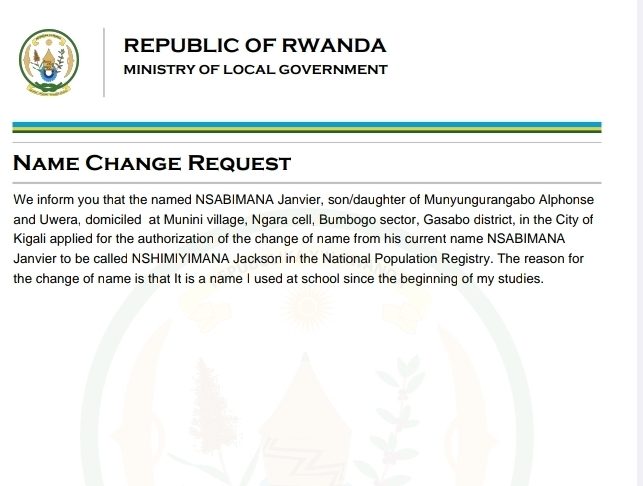 Official Name Change Request in Rwanda | NSABIMANA to NSHIMIYIMANA