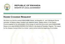 Official name change request document from Kabagambe Moses to Moses Endrew Rutihisale authorized by the Ministry of Local Government in Rwanda.