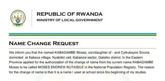 Official name change request document from Kabagambe Moses to Moses Endrew Rutihisale authorized by the Ministry of Local Government in Rwanda.