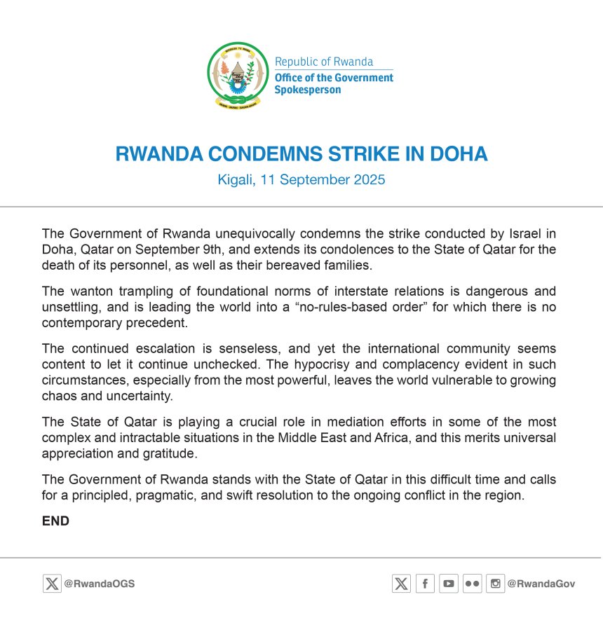 Rwanda calls for respect of law after Israeli strike in Doha