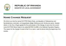 Name Change Request | Kayitesi Marie Claire Becomes Mutesi Claire Official document showing that Kayitesi Marie Claire changed her name to Mutesi Claire approved by Rwanda Ministry of Local Government.