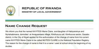 Official document showing that Kayitesi Marie Claire changed her name to Mutesi Claire approved by Rwanda Ministry of Local Government.