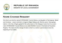 Name Change Request | From Nyiringabo Yannick Mukiza to Yannick Mukiza in Rwanda Official document for name change from Nyiringabo Yannick Mukiza to Yannick Mukiza issued by the Ministry of Local Government, Rwanda.