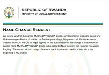 Name change request document from the Ministry of Local Government in Rwanda for Mukandayisinga Delice.
