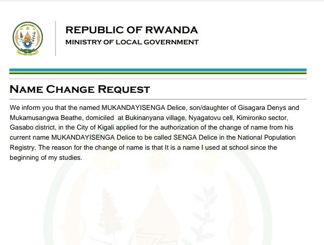 Name change request document from the Ministry of Local Government in Rwanda for Mukandayisinga Delice.