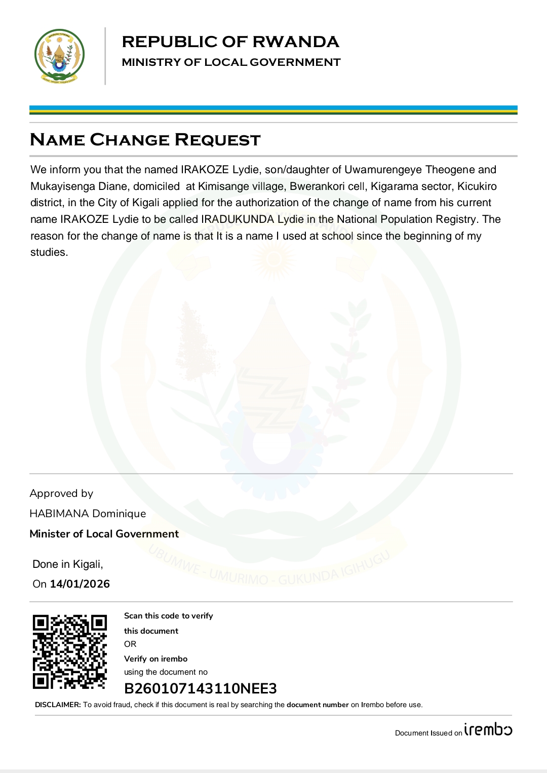 Itangazo ryo guhinduza amazina 