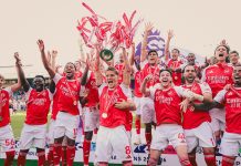 Arsenal players celebrating after winning the Premier League trophy in 2026