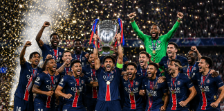 PSG players celebrate after winning the UEFA Champions League 2026 trophy following a penalty shootout victory over Arsenal.