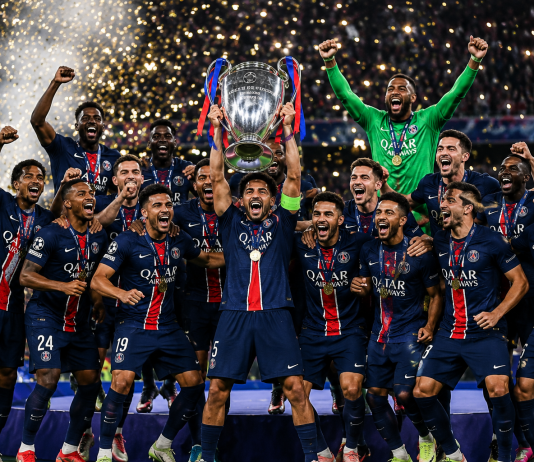 PSG players celebrate after winning the UEFA Champions League 2026 trophy following a penalty shootout victory over Arsenal.