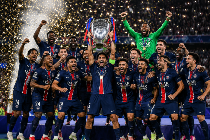 PSG players celebrate after winning the UEFA Champions League 2026 trophy following a penalty shootout victory over Arsenal.